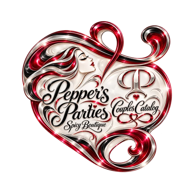 Pepper’s Parties Spicy Boutique Couples Catalog pearl heart logo with ruby and silver accents