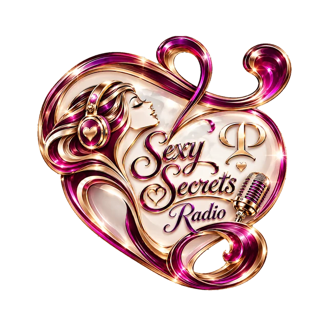 Sexy Secrets Radio pearl glass heart logo with ornamental P, microphone and headphones