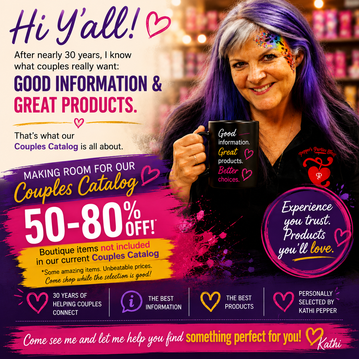 Kathi Pepper holding a mug that reads Good information. Great products. Better choices. Making room for our Couples Catalog — boutique items 50 to 80 percent off.